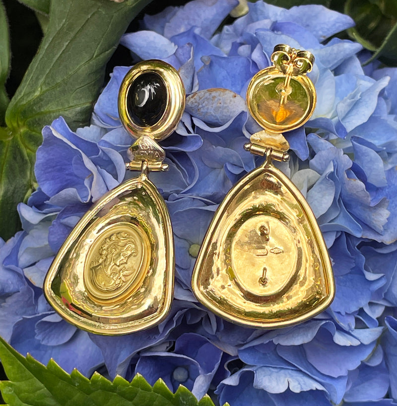 Estate Italian "ALEXIA" 18KT Yellow Gold Etruscan Style Cameo Etching Black Onyx Dangle Drop Earrings