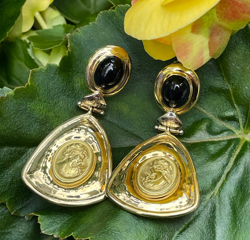 Estate Italian "ALEXIA" 18KT Yellow Gold Etruscan Style Cameo Etching Black Onyx Dangle Drop Earrings