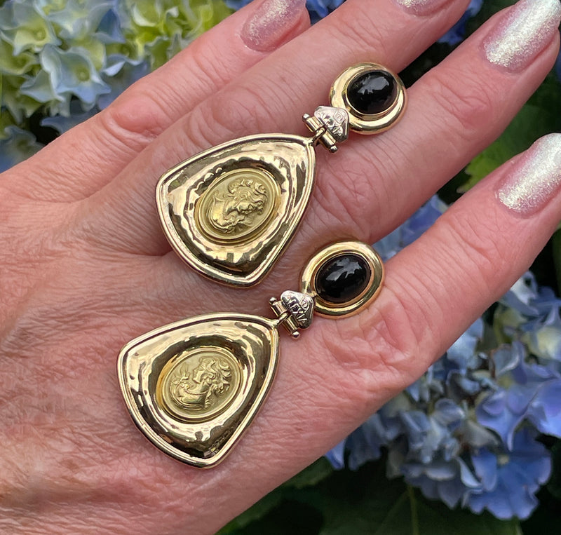 Estate Italian "ALEXIA" 18KT Yellow Gold Etruscan Style Cameo Etching Black Onyx Dangle Drop Earrings