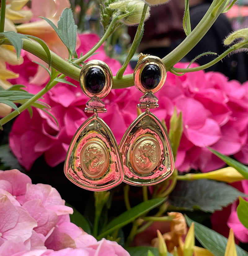 Estate Italian "ALEXIA" 18KT Yellow Gold Etruscan Style Cameo Etching Black Onyx Dangle Drop Earrings
