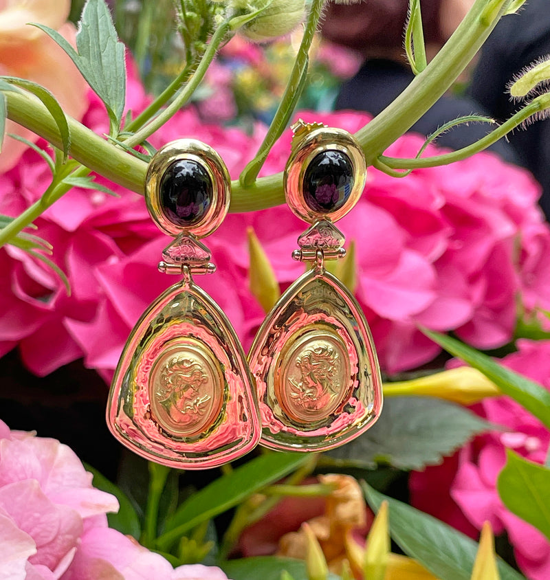Estate Italian "ALEXIA" 18KT Yellow Gold Etruscan Style Cameo Etching Black Onyx Dangle Drop Earrings