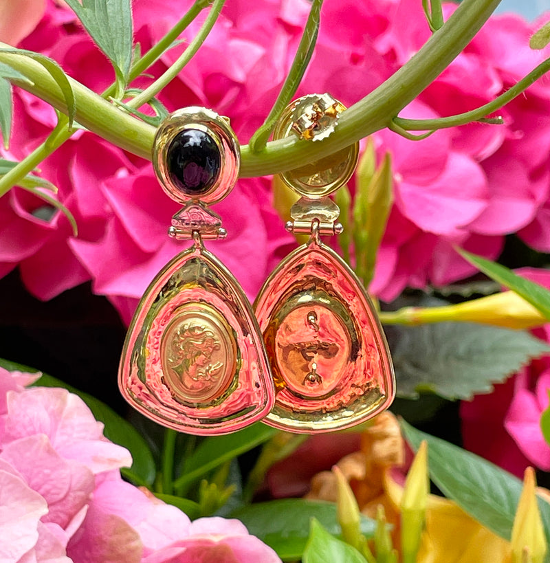 Estate Italian "ALEXIA" 18KT Yellow Gold Etruscan Style Cameo Etching Black Onyx Dangle Drop Earrings