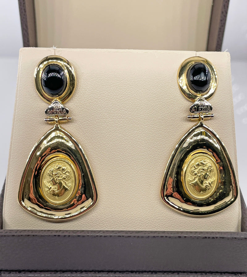 Estate Italian "ALEXIA" 18KT Yellow Gold Etruscan Style Cameo Etching Black Onyx Dangle Drop Earrings