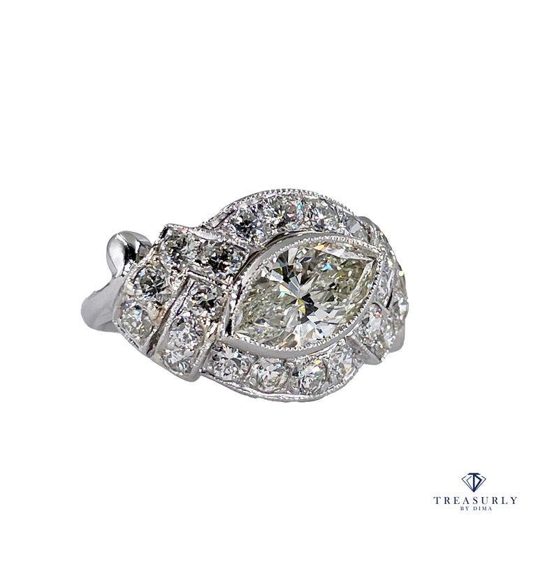 Exquisite Antique Art Deco 2.51ct Moval Marquise Cut Diamond PL Engagement Ring
