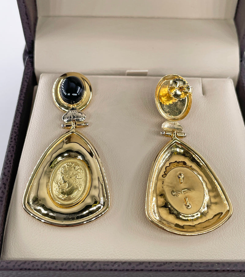 Estate Italian "ALEXIA" 18KT Yellow Gold Etruscan Style Cameo Etching Black Onyx Dangle Drop Earrings