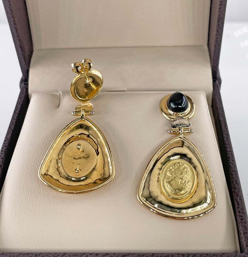 Estate Italian "ALEXIA" 18KT Yellow Gold Etruscan Style Cameo Etching Black Onyx Dangle Drop Earrings