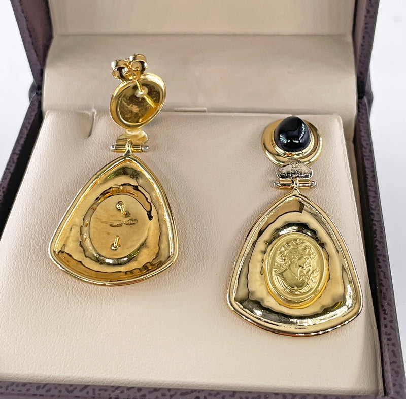 Estate Italian "ALEXIA" 18KT Yellow Gold Etruscan Style Cameo Etching Black Onyx Dangle Drop Earrings