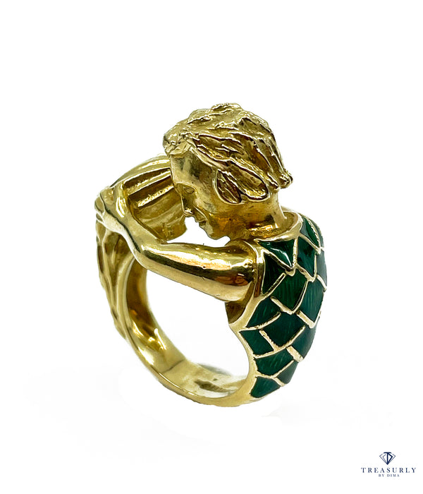 Vintage David Webb’s Aquarius Zodiac 18K Yellow Gold Green Enamel Ring, 1970s