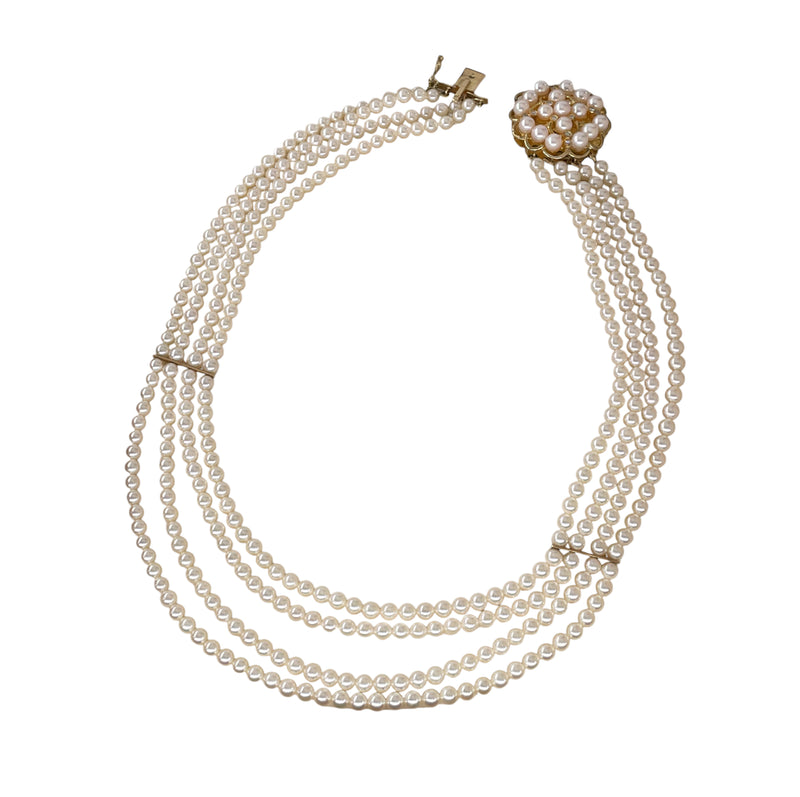 GIA 4-Strand Saltwater Akoya Japanese Pearl Diamond 14K Yellow Gold Vintage Necklace