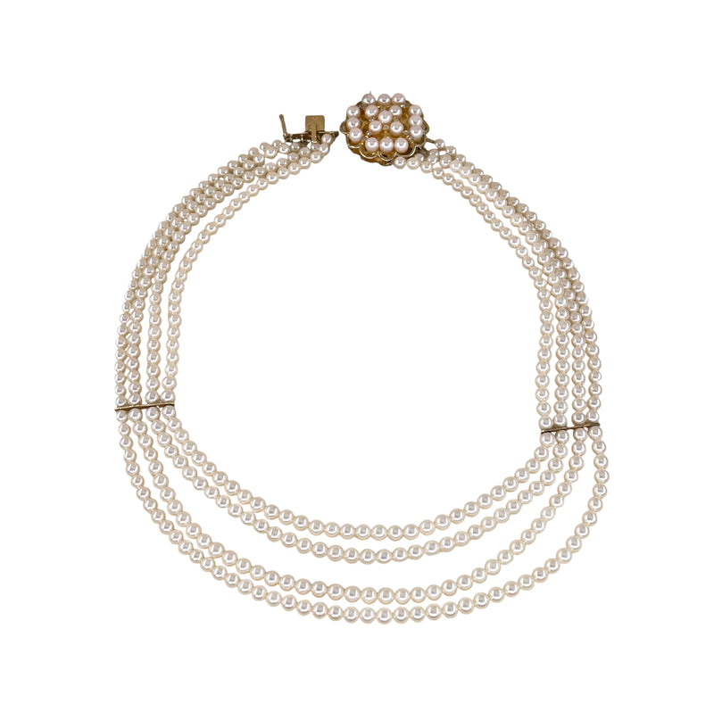 GIA 4-Strand Saltwater Akoya Japanese Pearl Diamond 14K Yellow Gold Vintage Necklace