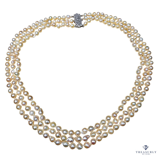 GIA 3-Strand Saltwater Akoya Baroque Japanese Pearl 14K White Gold Vintage Necklace