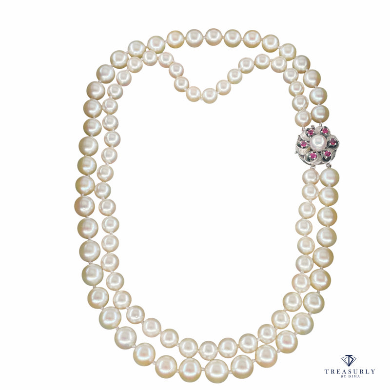 Classic 2 Rows Cultured Japanese White PEARL 7-8.5mm Double Strand Vintage NECKLACE 14k White Gold Ruby Clasp