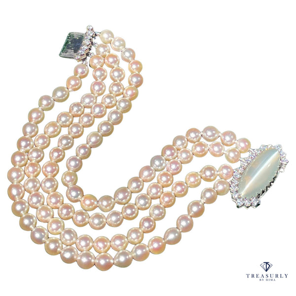 Vintage GIA 16.50ctw Cat's-Eye Moonstone Diamonds Japanese Akoya Cultured Pearl 4 Strands 14K White Gold Bracelet