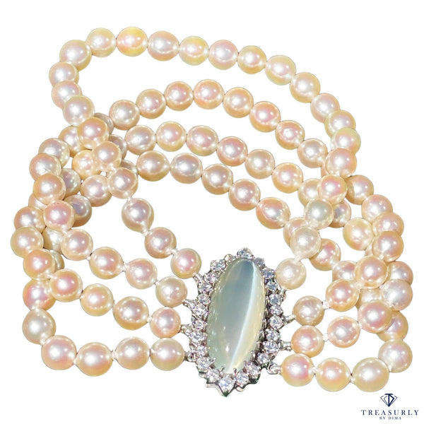 Vintage GIA 16.50ctw Cat's-Eye Moonstone Diamonds Japanese Akoya Cultured Pearl 4 Strands 14K White Gold Bracelet