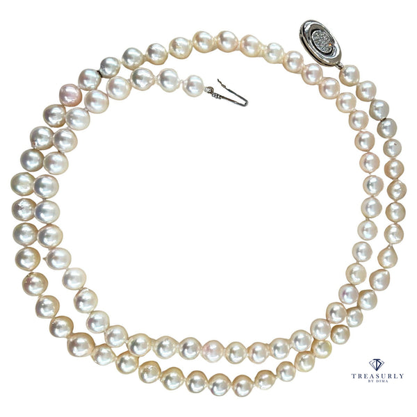 Long 26 3/4" Convertible Diamond Akoya Cultured Japanese 7mm PEARL 14K Gold Vintage NECKLACE