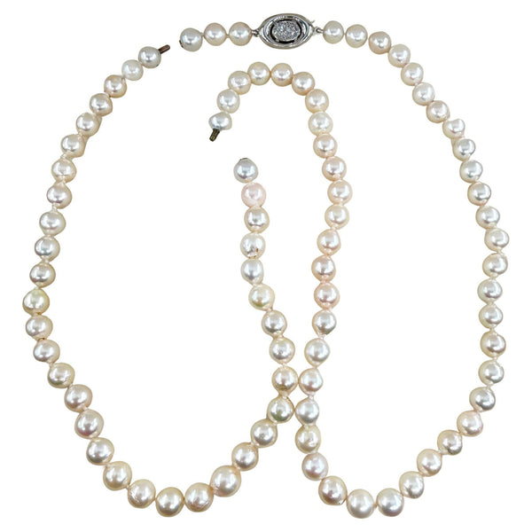 Long 26 3/4" Convertible Diamond Akoya Cultured Japanese 7mm PEARL 14K Gold Vintage NECKLACE