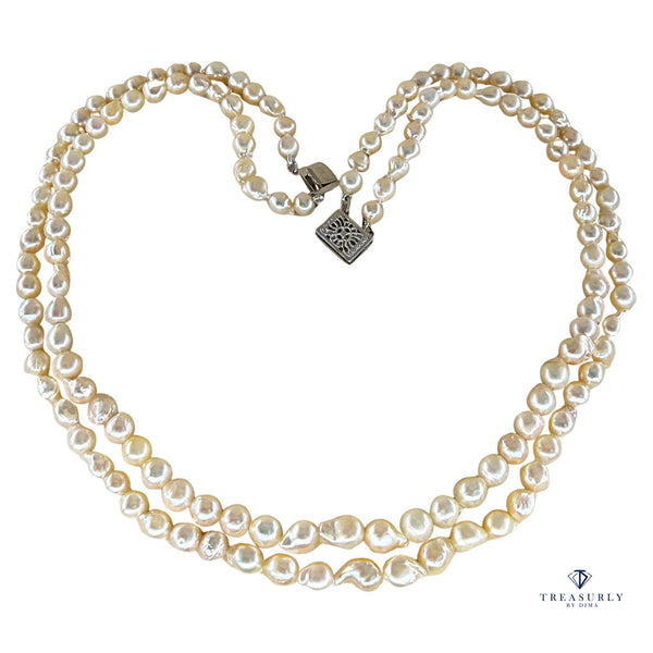 GIA 2-Strand Akoya Baroque Japanese Pearl 14K White Gold Vintage Necklace; Multi Strand Pearl Necklace