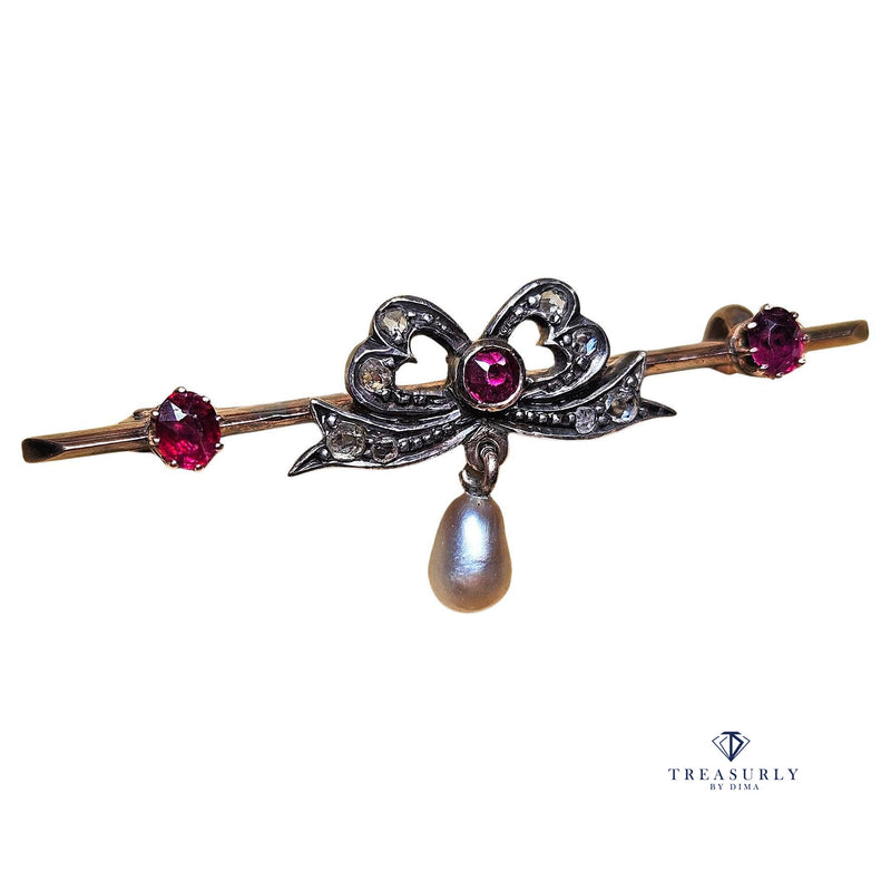 1890s English Antique Rose Cut Diamond Ruby Pearl Gold Gold Silver Bar Brooch Pin