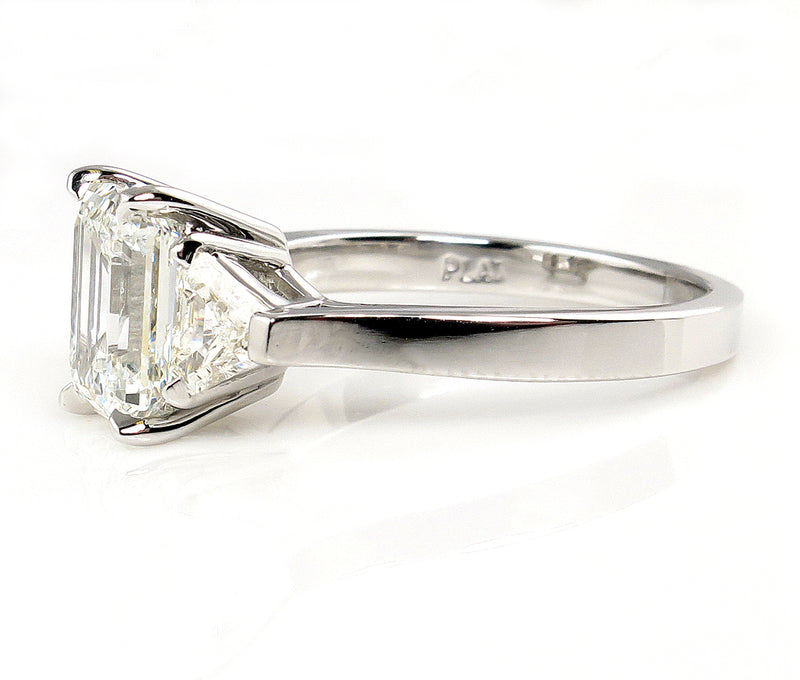 GIA 2.62ct Estate EMERALD cut Diamond 3 Stone Engagement Platinum Wedding Ring