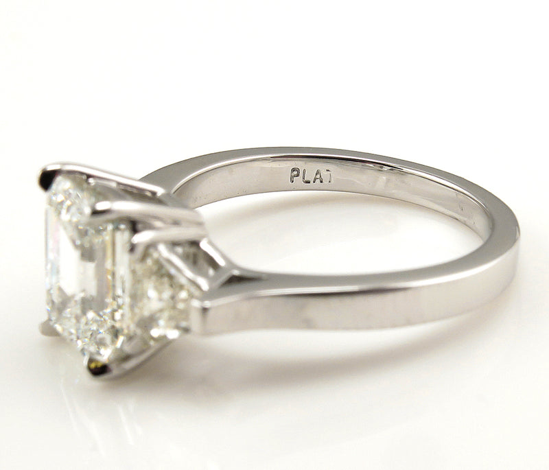 GIA 2.62ct Estate EMERALD cut Diamond 3 Stone Engagement Platinum Wedding Ring