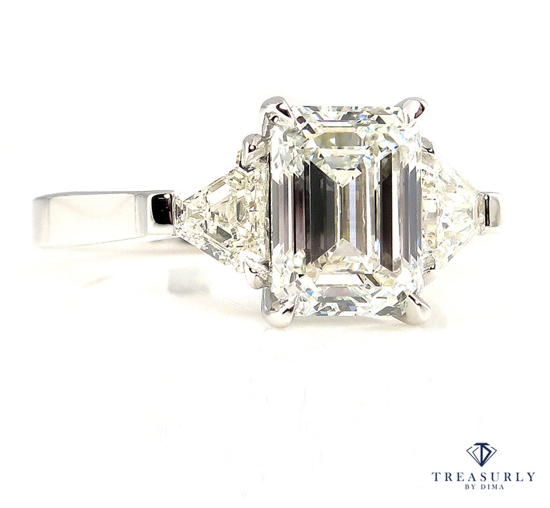 GIA 2.62ct Estate EMERALD cut Diamond 3 Stone Engagement Platinum Wedding Ring