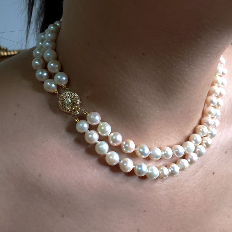 Classic Cultured Japanese PEARL 8.5mm White Double Strand Vintage NECKLACE 14k Gold