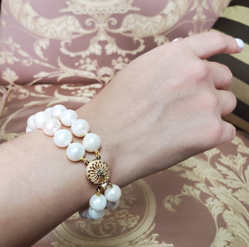 Classic Cultured Japanese Pearl White Double Strand Vintage Bracelet 14 YG