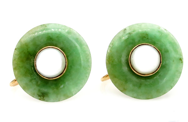 1930 Antique Vintage Jade and Pearl 14k Yellow Gold Stud Earrings Screw on Clip