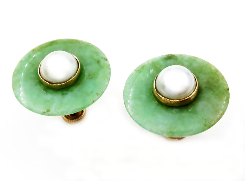 1930 Antique Vintage Jade and Pearl 14k Yellow Gold Stud Earrings Screw on Clip