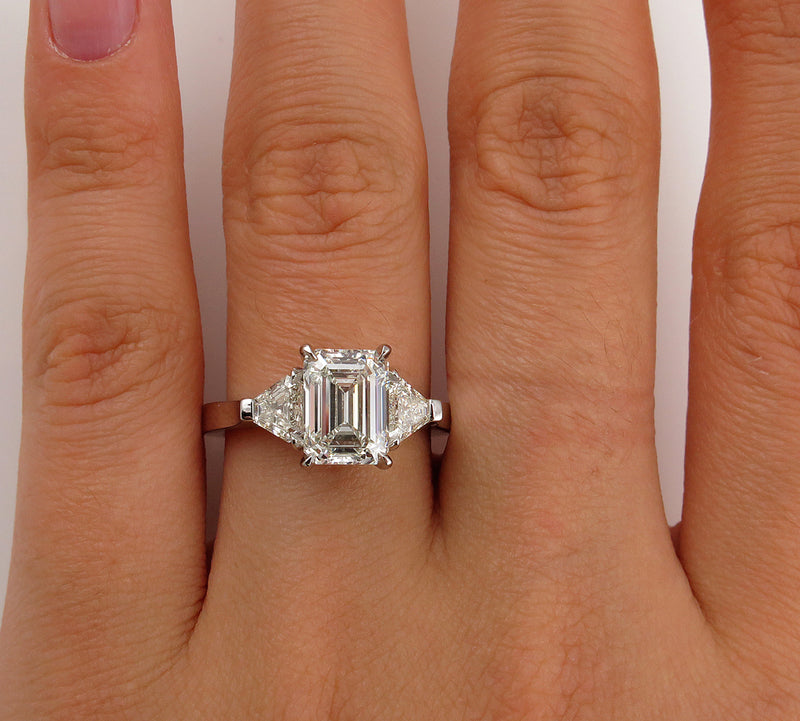 GIA 2.62ct Estate EMERALD cut Diamond 3 Stone Engagement Platinum Wedding Ring