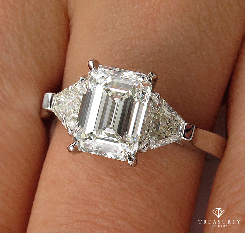 GIA 2.62ct Estate EMERALD cut Diamond 3 Stone Engagement Platinum Wedding Ring