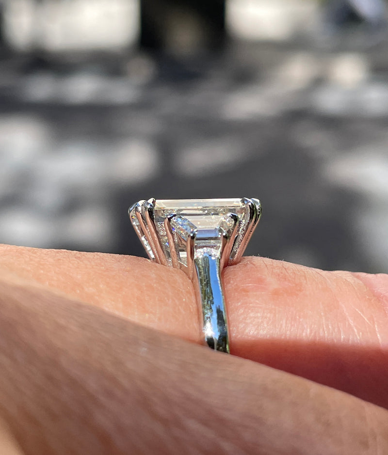 GIA 4.29ct EMERALD Cut & Trapezoids 3 Stone Diamond Engagement Platinum Ring