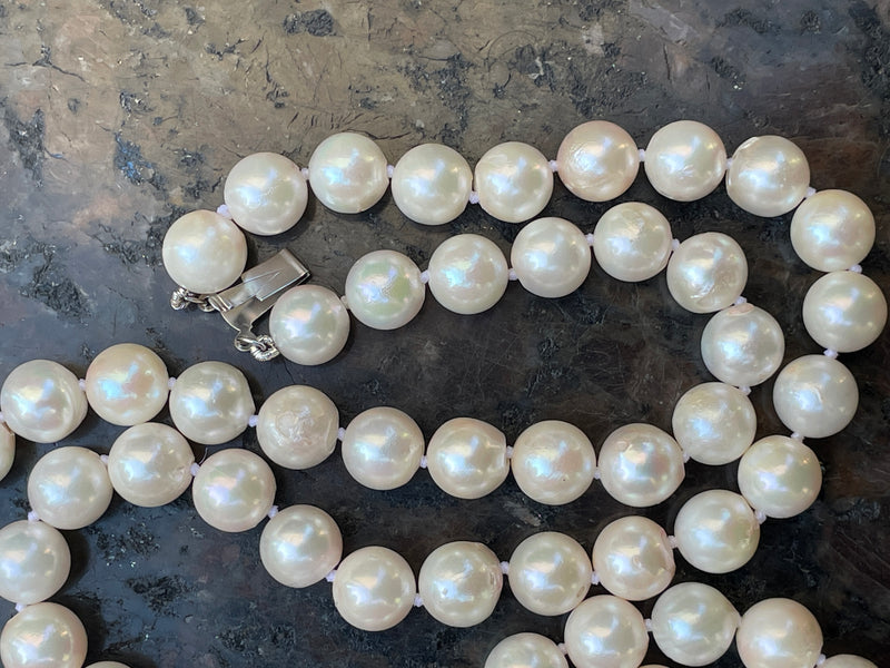 Classic Cultured Japanese PEARL 8.4mm White Double Strand Vintage NECKLACE 14k Gold
