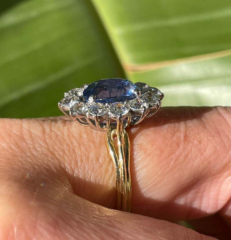 GIA "NO HEAT" 8.42ctw Ceylon Natural Cornflower Blue Sapphire Diamond Cluster Platinum 18K Vintage Ring