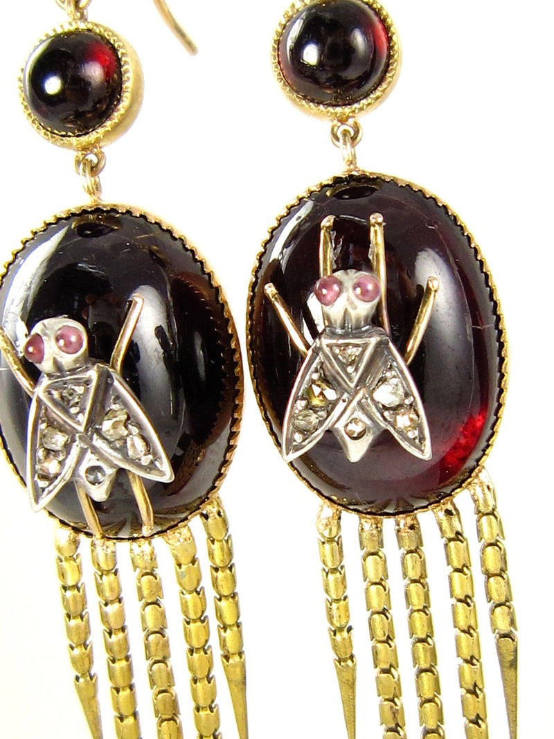 AUTHENTIC FRINGED VICTORIAN CABOCHON GARNET DIAMOND EARRINGS CIRCA 1870 RARE!