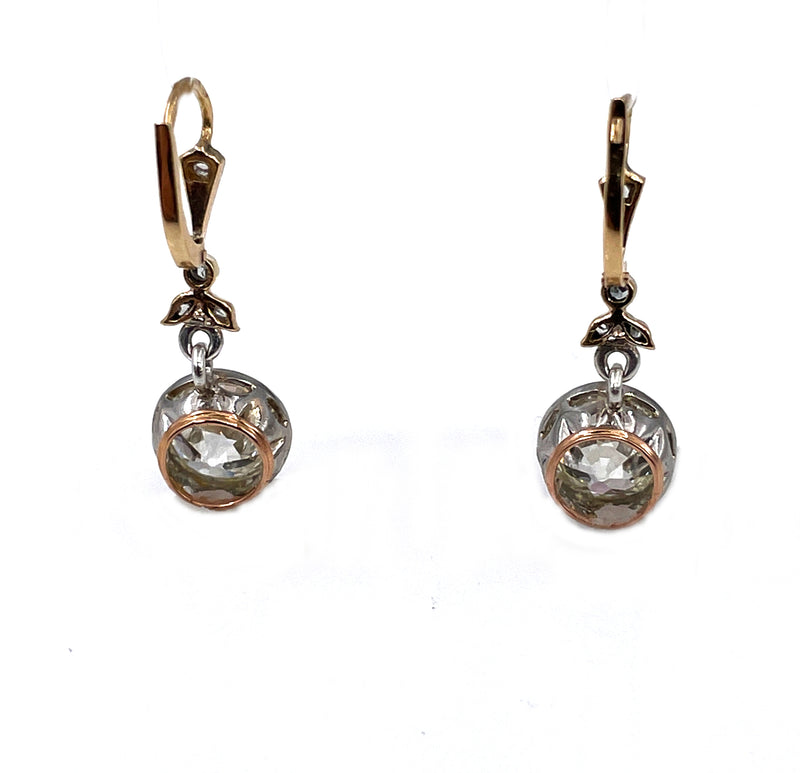 French Belle Époque GIA 5.05ctw Old European cut Diamonds Solitaire Dangling Plat 18K Earrings