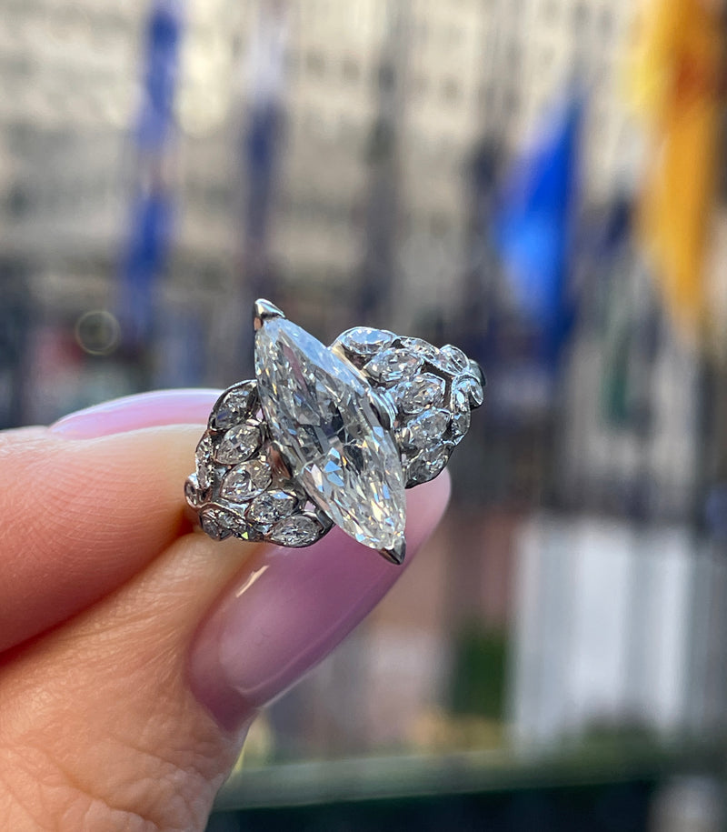 Art Deco Colorless GIA 3.09ct Old European Marquise Cut Diamond Platinum Ring