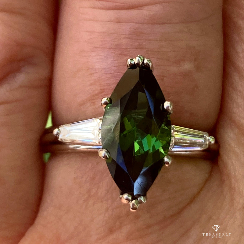 1930..Vintage 3.68ct Green Tourmaline Marquise Diamond Three Stone Platinum Ring
