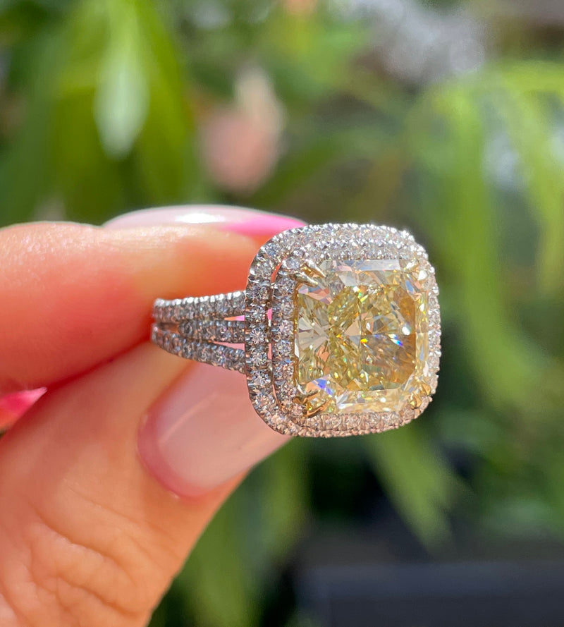 Estate “Canary” 6.03ctw Natural Fancy YELLOW Radiant Cut Diamond Halo Pave 18K Ring