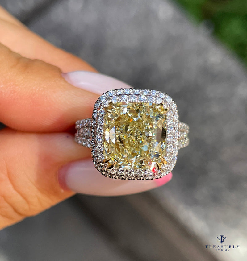 Estate “Canary” 6.03ctw Natural Fancy YELLOW Radiant Cut Diamond Halo Pave 18K Ring