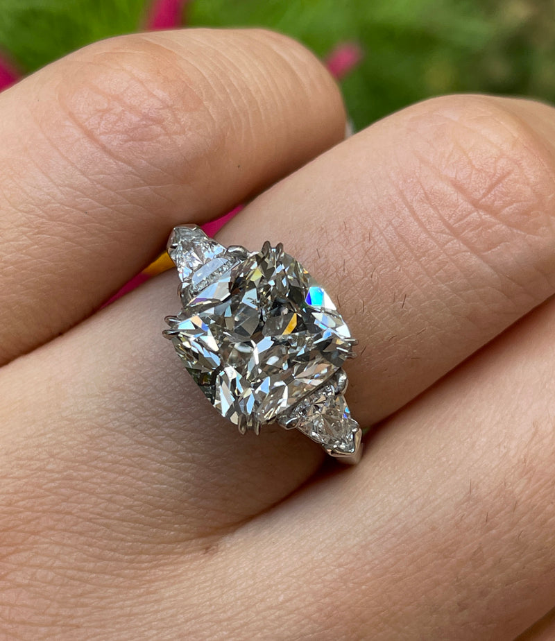 Classic GIA 5.01ct Natural CUSHION Diamond Engagement 3 Stone Platinum Vintage Estate Ring