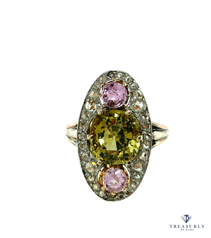 Antique Belle Époque Chrysoberyl, Pink Topaz Diamond Cluster Cocktail Ring
