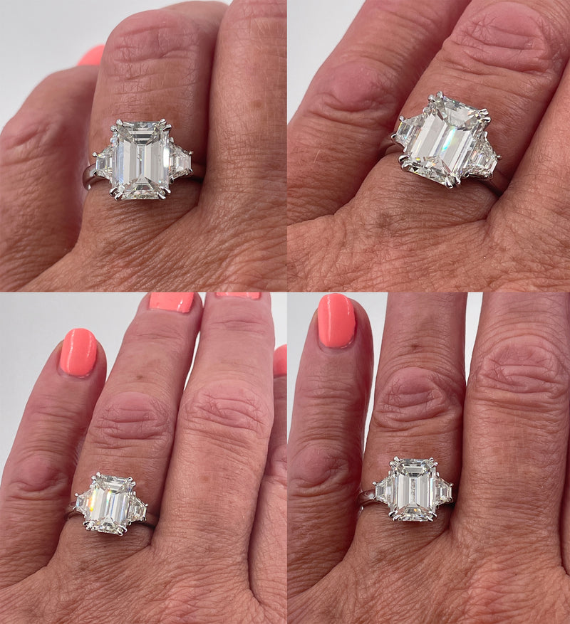 GIA 4.29ct EMERALD Cut & Trapezoids 3 Stone Diamond Engagement Platinum Ring