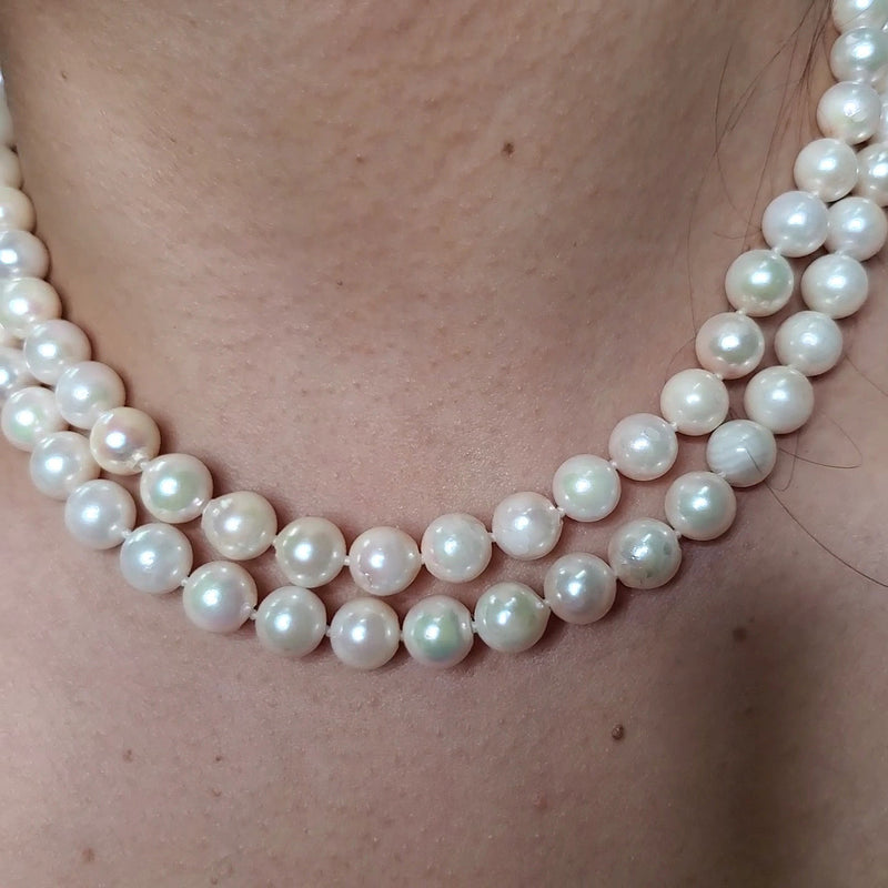 Classic Cultured Japanese PEARL 8.4mm White Double Strand Vintage NECKLACE 14k Gold
