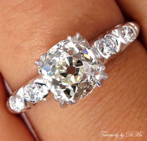 GIA 1.43CT ANTIQUE VINTAGE DECO OLD MINE CUSHION DIAMOND ENGAGEMENT WEDDING RING | Treasurly by Dima - Exquisite Diamonds and Fine Quality Antique, Vintage, and Estate Jewelry