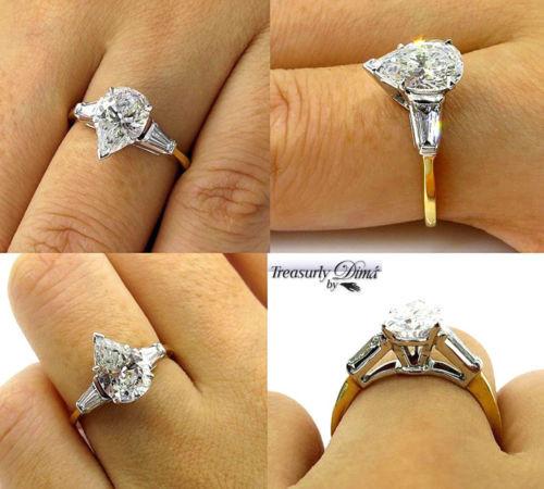GIA 1.60CT ESTATE VINTAGE PEAR DIAMOND ENGAGEMENT WEDDING RING 3 STONE PLAT 18KY | Treasurly by Dima - Exquisite Diamonds and Fine Quality Antique, Vintage, and Estate Jewelry