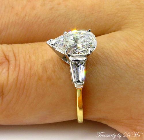 GIA 1.60CT ESTATE VINTAGE PEAR DIAMOND ENGAGEMENT WEDDING RING 3 STONE PLAT 18KY | Treasurly by Dima - Exquisite Diamonds and Fine Quality Antique, Vintage, and Estate Jewelry
