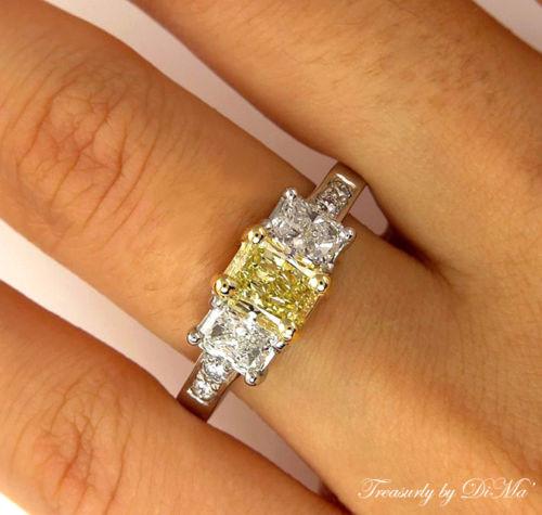 GIA 2.52CT ESTATE FANCY YELLOW RADIANT 3 STONE DIAMOND ENGAGEMENT WEDDING RING | Treasurly by Dima - Exquisite Diamonds and Fine Quality Antique, Vintage, and Estate Jewelry