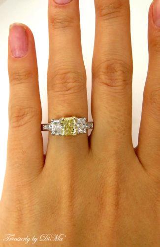 GIA 2.52CT ESTATE FANCY YELLOW RADIANT 3 STONE DIAMOND ENGAGEMENT WEDDING RING | Treasurly by Dima - Exquisite Diamonds and Fine Quality Antique, Vintage, and Estate Jewelry