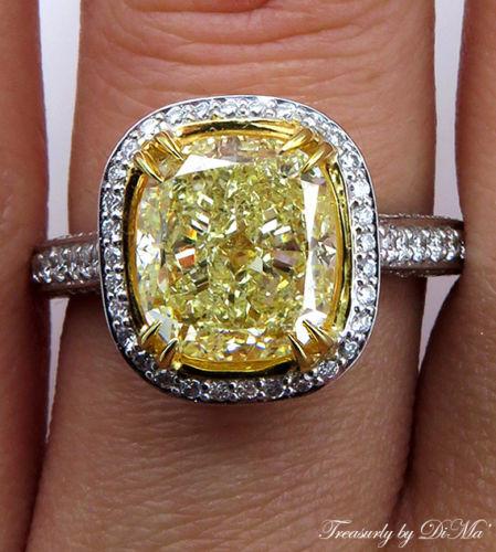 GIA 4.32CT ESTATE VINTAGE FANCY YELLOW CUSHION DIAMOND ENGAGEMENT WEDDING RING | Treasurly by Dima - Exquisite Diamonds and Fine Quality Antique, Vintage, and Estate Jewelry